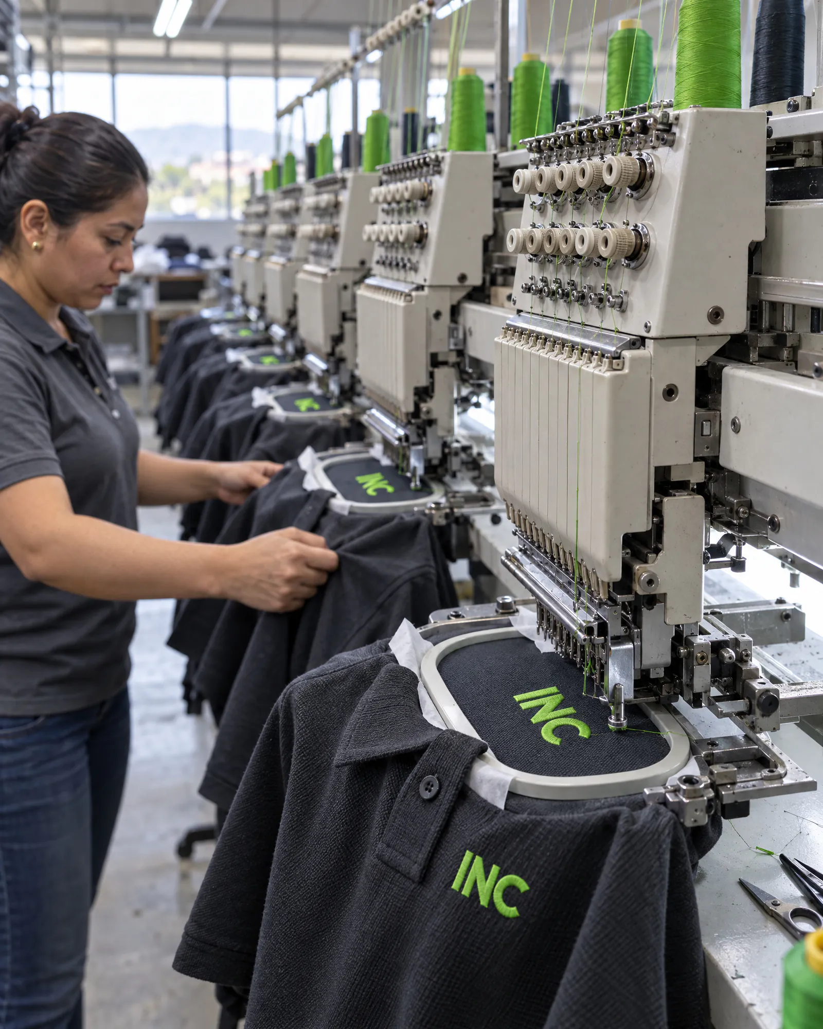 Taller de bordado de INC aplicando el logo de una empresa en un uniforme